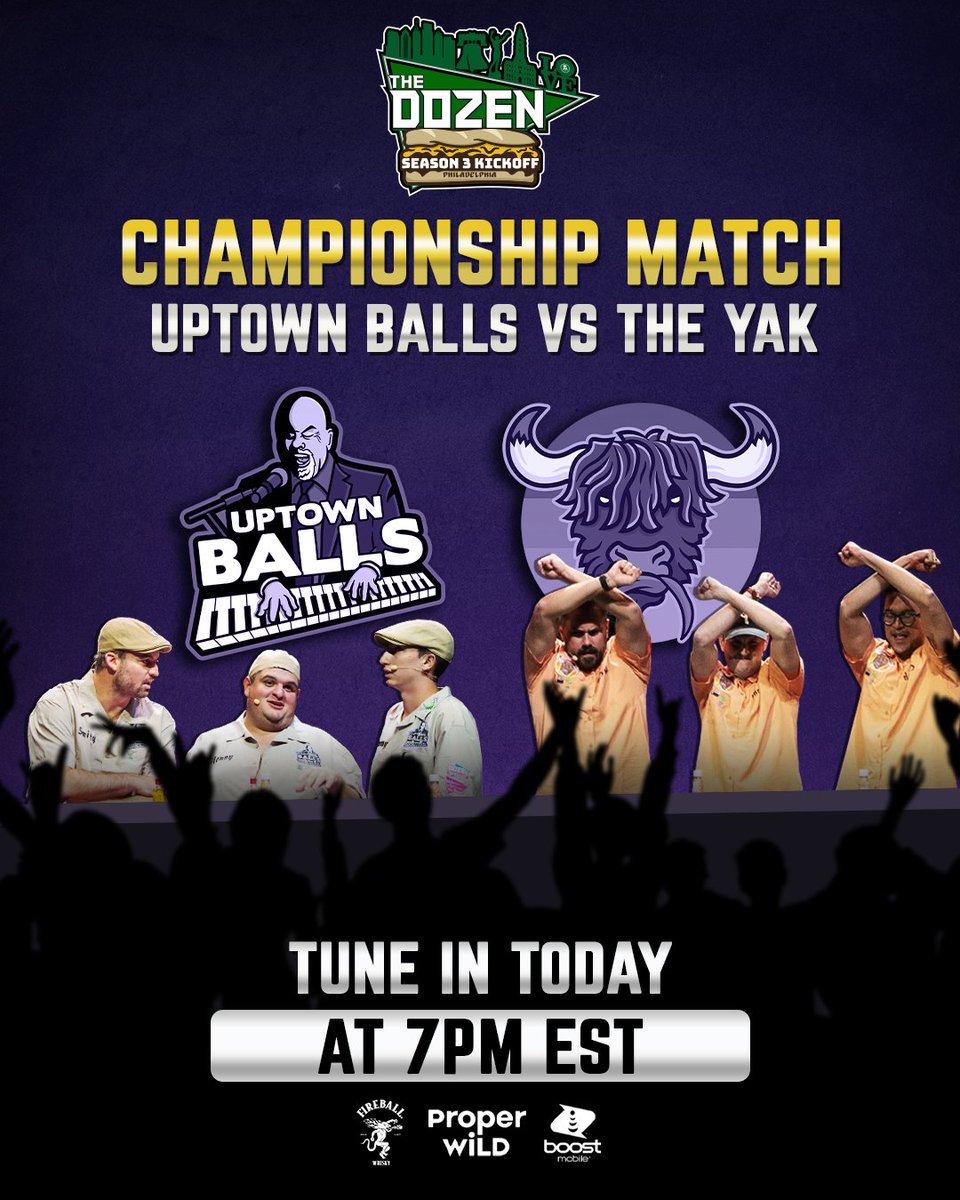JeffDLowe's tweet photo. CHAMPIONSHIP TIME.

The finals of @TheDozenTrivia Season 3 Kickoff event in front of a wild Philadelphia crowd have arrived. We have the defending champs 1-Uptown Balls vs. the Bad Boys 5-The Yak.

Who ya got!?

WATCH: https://t.co/b9AKBPuZuX https://t.co/mP5MitkFnz