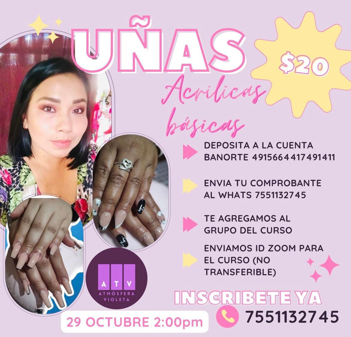 AtmsferaVioleta's tweet photo. CURSO DE UÑAS ACRÍLICAS BÁSICAS

Como cada mes ofrecemos un curso, este Octubre corresponde al de uñas acrilicas básicas impartidas por la Capacitadora Lorenzano Zitla.

Sábado 29 Octubre 2:00pm vía zoom 

Cuota de recuperación $20.00
#AtmósferaVioleta
#Empoderando https://t.co/KomGG68BDb
