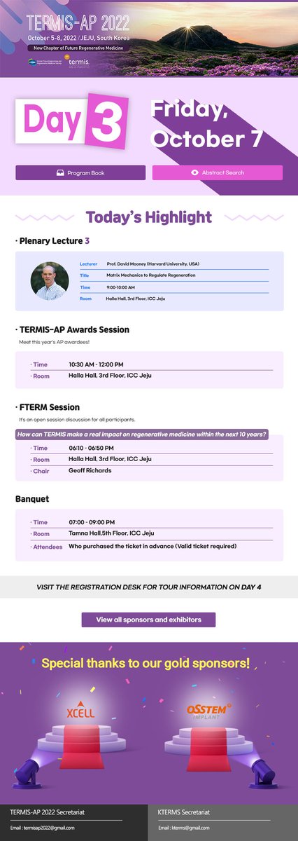 Good morning!, It's 3rd day of the TERMIS-AP 2022 conference! See you soon at the ICC Jeju!
#TERMISAP #TERMIS #KTERMS #Regenerative #Medicine #Tissueengineering #Jeju #Plenarylecture #awardssession #FTERM