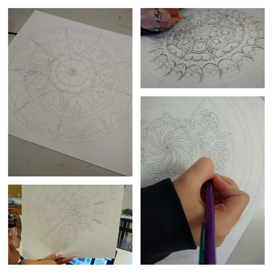 arttchr_Bert's tweet photo. Intro to Visual Arts students are creating mandalas to demonstrate their knowledge of color schemes, and these are looking spectacular so far! #wearetruman #isddoesart https://t.co/aWgTjVCnxr