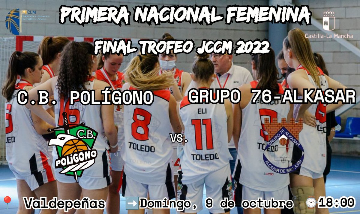 CBPoligono's tweet photo. Nuestro senior femenino jugará la Final del Trofeo de la Junta de Comunidades de Castilla La Mancha 💪🏽

Este ➡️ domingo 9 de octubre juegan ante @G76AlKasar a las ⌚ 18:00 en 📍 Valdepeñas. 

¿Quieres venir a animar? ¡Tenemos bus! 🚌 https://t.co/JLdSfWkCzW