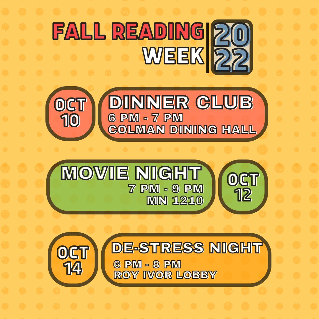 UTMResidence's tweet photo. Join us next week for our Fall Reading Week events!
Oct 10 6-7PM @ Colman Commons: Dinner Club
Oct 12 7-9PM @ MN1210: Movie Night
Oct 14 6-8PM @ Roy Ivor Lobby: De-Stress Night
#ExcellenceLivesHere #UofTMississauga #UTMResidence #UofT https://t.co/j5Ln5du4f8