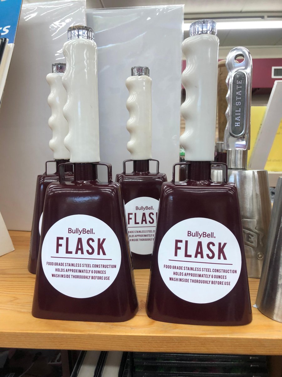 CBM_MSU's tweet photo. Your favorite cowbell is now also a flask!! Tell your friends, these aren’t going to last long. 🤩
#Hailstate #BullyBell #GoBulldogs https://t.co/xAuKrQT9AW
