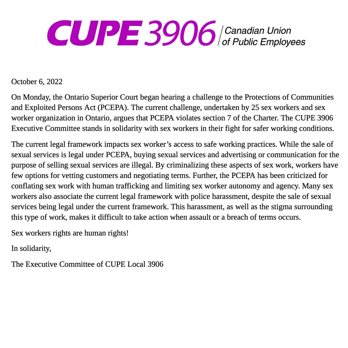 cupe_3906's tweet photo. Sex workers are yet again in court fighting for the right to basic access to safe working practices. Sex work is real work, and all workers deserve to be able to work safely. 

https://t.co/LhBO56whzB

#PCEPA #BillC36 #canlab #onlab https://t.co/t2ENN2x3AI