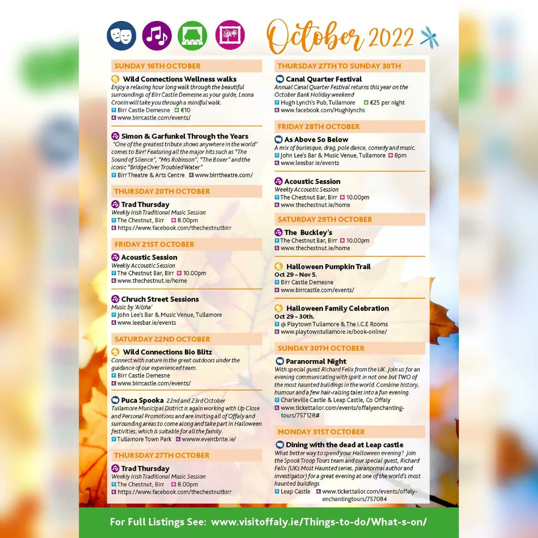 visitoffaly's tweet photo. Whether it's music, art. activities or spooky family fun, there's something for everyone when you #VisitOffaly this month! π€©
Take a look at upcoming events at https://t.co/dW8F5F1Vms
#offaly #irelandshiddenheartlands #offalyevents @offalycoco @HeartlandsIRL https://t.co/OmZWXaC8v4