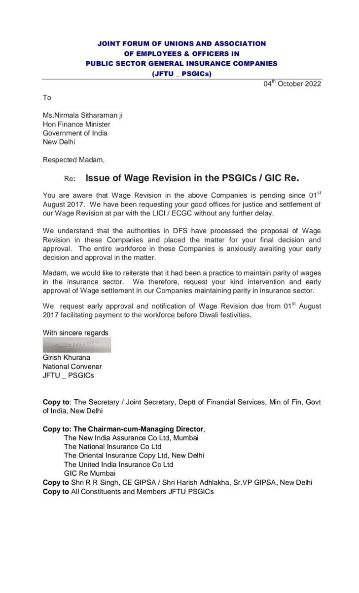 How long employees will wait?62 months over.Immediately settle #GIPSAWAGEREVISIONat par with LIC <a href="/nsitharamanoffc/">Nirmala Sitharaman Office</a> <a href="/nsitharaman/">Nirmala Sitharaman</a> <a href="/DFS_India/">DFS</a> <a href="/FinMinIndia/">Ministry of Finance</a> <a href="/DrBhagwatKarad/">Dr Bhagwat Kishanrao Karad (मोदी का परिवार)</a> <a href="/ZeeBusiness/">Zee Business</a> <a href="/SitaramYechury/">Sitaram Yechury</a> <a href="/RahulGandhi/">Rahul Gandhi</a> <a href="/salimdotcomrade/">Md Salim</a> <a href="/BikashranjanBh4/">Bikashranjan Bhattacharyya</a> <a href="/mkstalin/">M.K.Stalin - தமிழ்நாட்டை தலைகுனிய விடமாட்டேன்</a> <a href="/anuragshah_/">ANURAG</a> <a href="/BinoyViswam1/">Binoy Viswam</a>