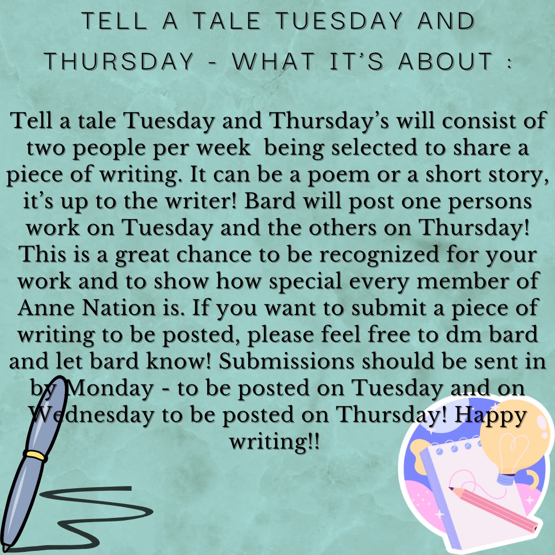 TheAvonleaBard's tweet photo. Happy Thursday! Here is some more information about Tell a Tale Tuesday's and Thursday's for those who would like to participate! 🖊️ #renewannewithane https://t.co/YAedSd2NUm