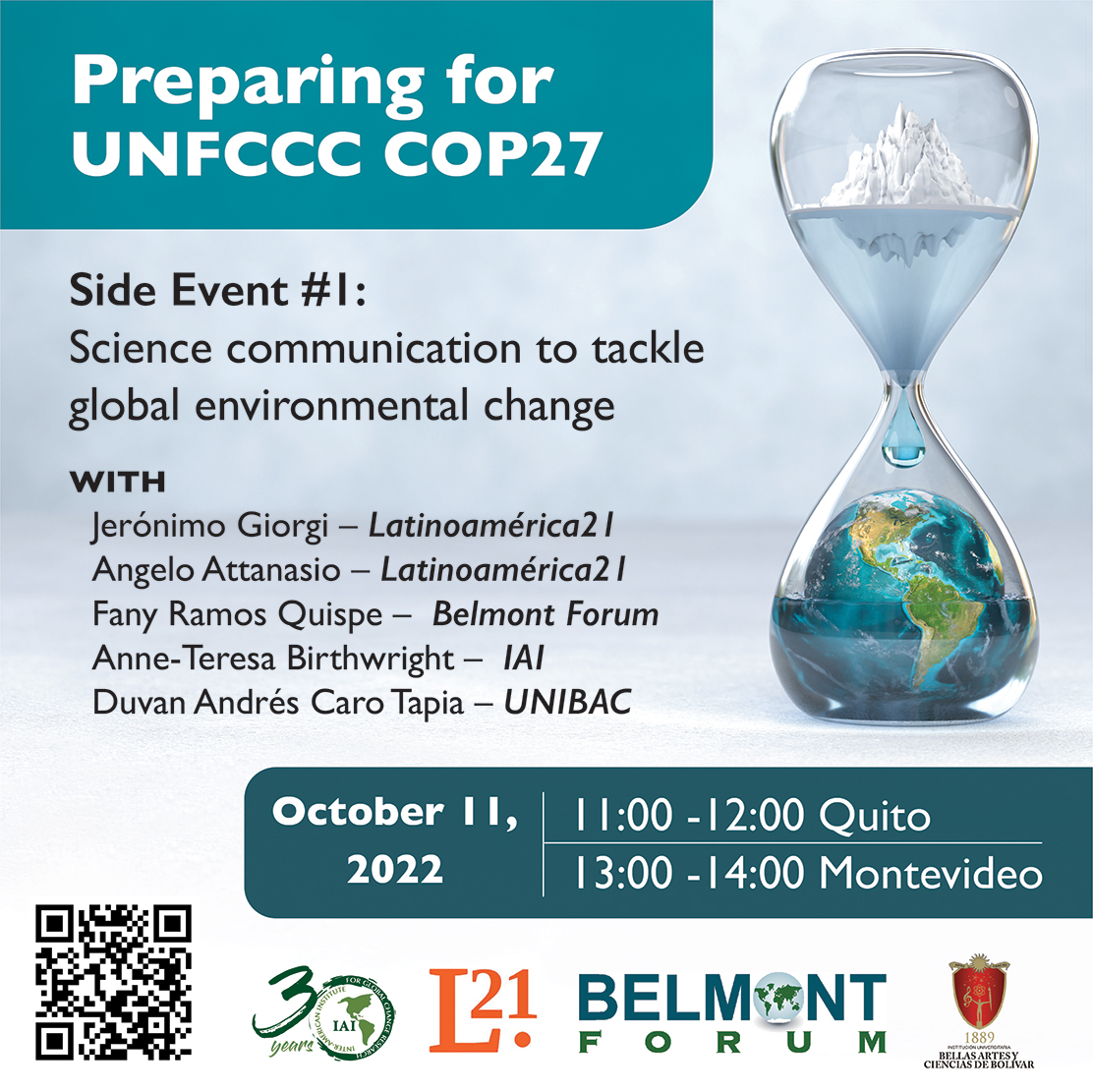 Preparing for the UNFCCC COP 27
 
Side Event #1
 
"Science communication to tackle global environmental change"
 
🗓️ 11 octubre 2022
 
Register here:⬇️ us06web.zoom.us/webinar/regist…