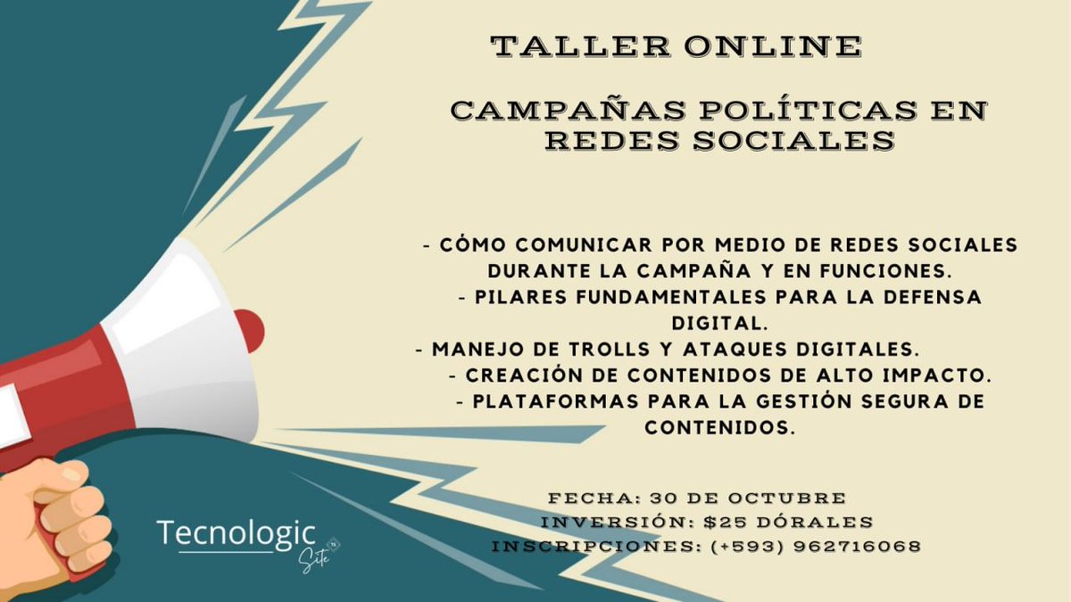 En este taller recibirás información actualizada para que la comunicación en redes sociales durante la campaña y la gestión sea la adecuada.

Hemos preparado una promoción especial que estará disponible hasta el jueves 13 de octubre.

Más Información: bit.ly/3EkdJws