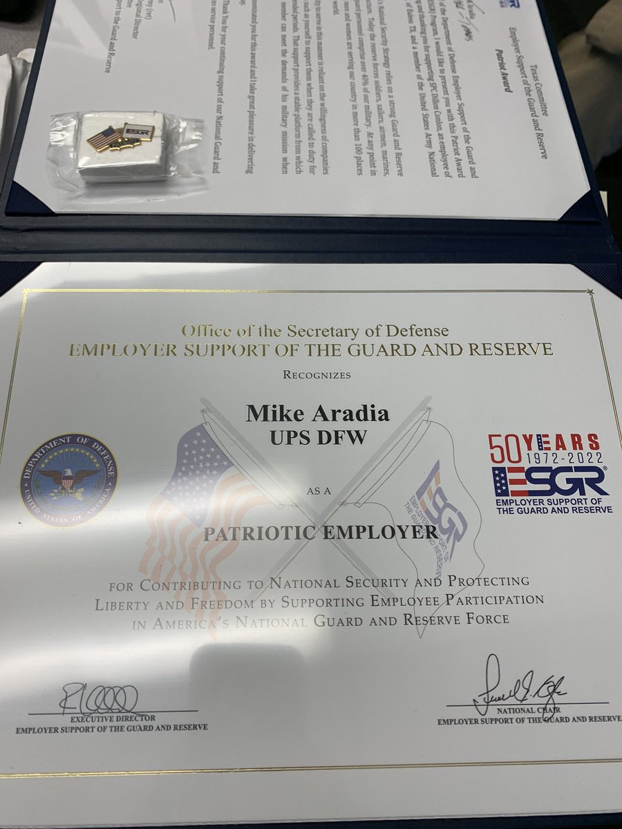 DFW UPS Recognition!
Mike Aradia was recognized by the DOD with an award for being a Patriotic Employer.  Mike in helping employees who served specifically The National Guard and Reserve with not only a job but going the extra mile to assist with personal needs plus paperwork.