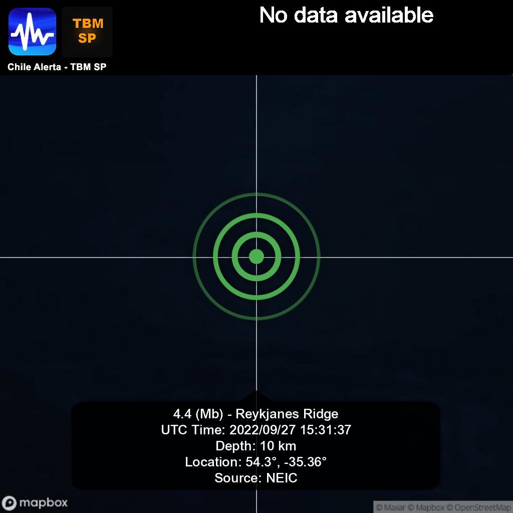 ChileAlertaApp's tweet photo. New #Earthquake. 🌎
4.4 (Mb) - Reykjanes Ridge.
2022/09/27 15:31:37 UTC.
App: https://t.co/RblVNxZYn8
#earthquake #sismo #temblor #terremoto https://t.co/n1b53t0gDZ