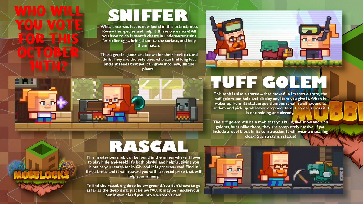 MOBBLOCKS1's tweet photo. MINECRAFT MOB VOTE 2022

Who will you be voting for on October 14th?

#minecraft #mobvote2022 #sniffer #tuffgolem #rascal https://t.co/NeyaxtKHtQ