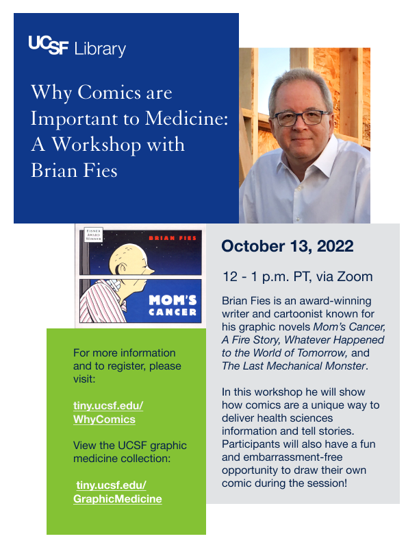ucsf_library's tweet photo. @JMBurns99 @ComicNurse @TheBadDr @NoetheMatt We are excited to be celebrating our Graphic Medicine collection on Thursday, October 13, 12-1 pm PT with a FREE virtual workshop by award-winning cartoonist and writer, Brian Fies!

Registration 🔗: https://t.co/HF2EtdXa36 https://t.co/4cwMjKUcgW