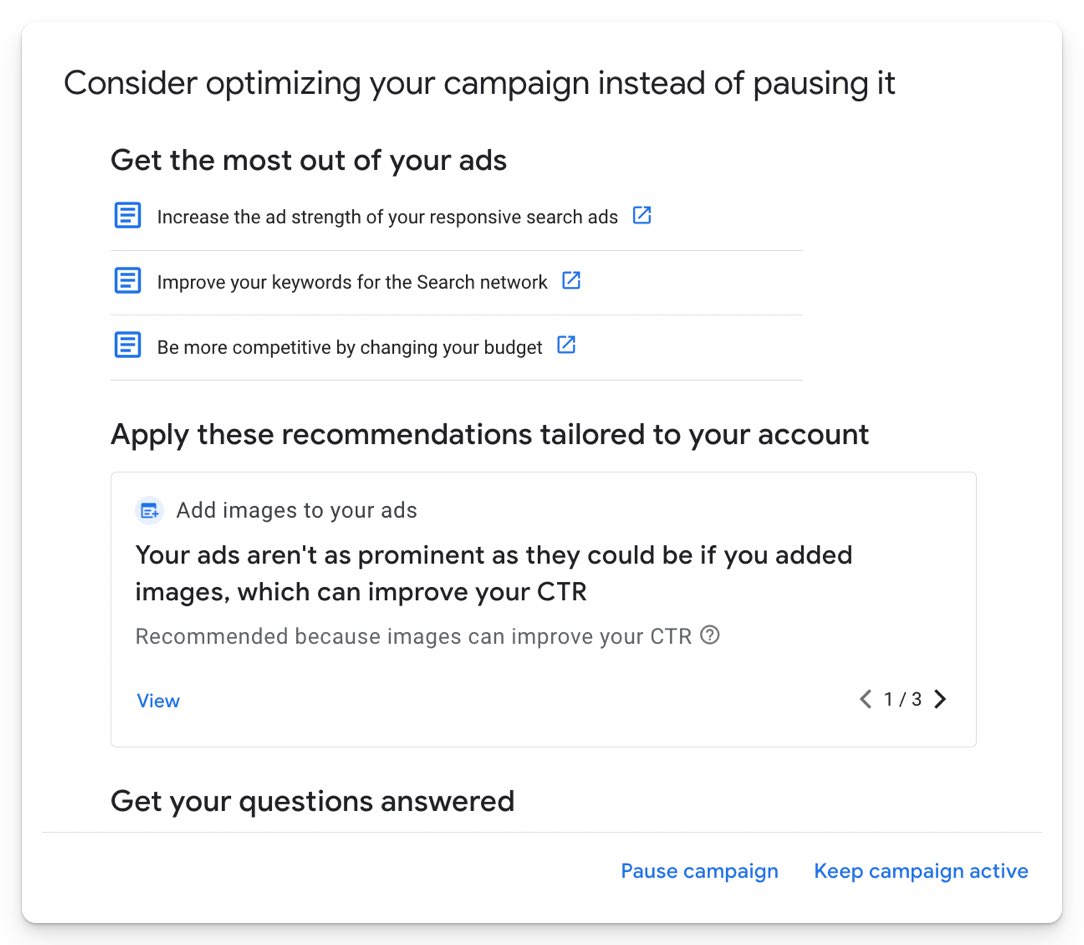 MenachemAni's tweet photo. When Google doesn’t want you to pause a campaign.

First time I’m seeing this..

#ppccchat https://t.co/G5TmHg8fZI