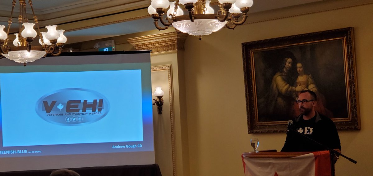 Events4Wellness's tweet photo. Andrew Gough and his service dog Riggs recounted his military and policing journey and resulting OSI to 90 mental health stakeholders at Invisible Wounds 7th Annual National Conference For First Responders Oct 6, 2022 in Niagara-On-The-Lake. Thanks Andrew. #Events4Wellness #MIAW https://t.co/P321C3MVaF