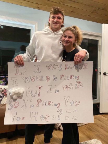 This was a homecoming proposal done by a student who attends Trinity High School in Manchester, NH. According to students, he received only a one day suspension and is still allowed to play sports. 

The school is ignoring emails and complaints.