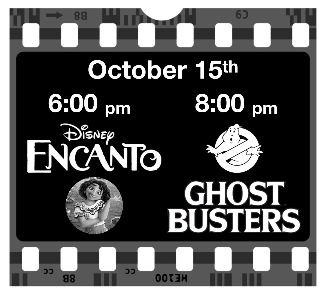 Fall Films at the New Edinburgh Fieldhouse on Saturday, October 15.  An indoor double feature will show “Encanto” at 6:00 pm, followed by a “Ghostbusters” at 8:00 pm. Popcorn is free. Drinks will be available. Viewers are invited to donate what they can to help cover event costs.