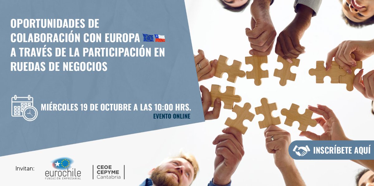 🔵WEBINAR "Oportunidades de colaboración con Europa a través de la participación en ruedas de negocios".

Invitan <a href="/Eurochile_/">Eurochile</a> y <a href="/Ceoecant/">CEOE CEPYME Cantabria</a> en el marco de la Europe Network (<a href="/EEN_EU/">Enterprise Europe Network 🇪🇺</a>), la red más amplia de apoyo a las pymes.

🗓️19/10 🕙a las 10:00.

➡️contactos.eurochile.cl/email/view/633…