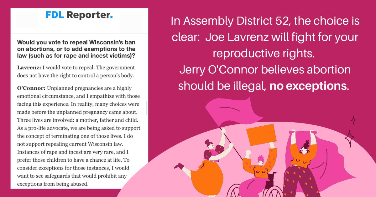YoungDemsFDL's tweet photo. Joe Lavrenz is running for Assembly District 52. Joe believes you have the right to control what happens to your own body. His opponent does not. Meet Joe and Lieutenant Governor candidate Sara Rodriguez at tonight's FDL County Dem meeting! 6:30 PM at 44 N Main St, FDL. https://t.co/3GsmnxUOvf