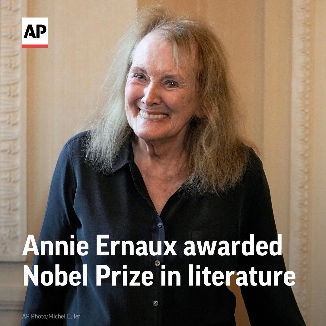 AP's tweet photo. French author Annie Ernaux won this year’s Nobel Prize in literature for work that illuminates the murky corners of memory, family and society.

Ernaux ’s books probe deeply personal experiences and feelings – love, sex, abortion, shame. https://t.co/Af0cWlzd2N https://t.co/vMpMgI4Mm8