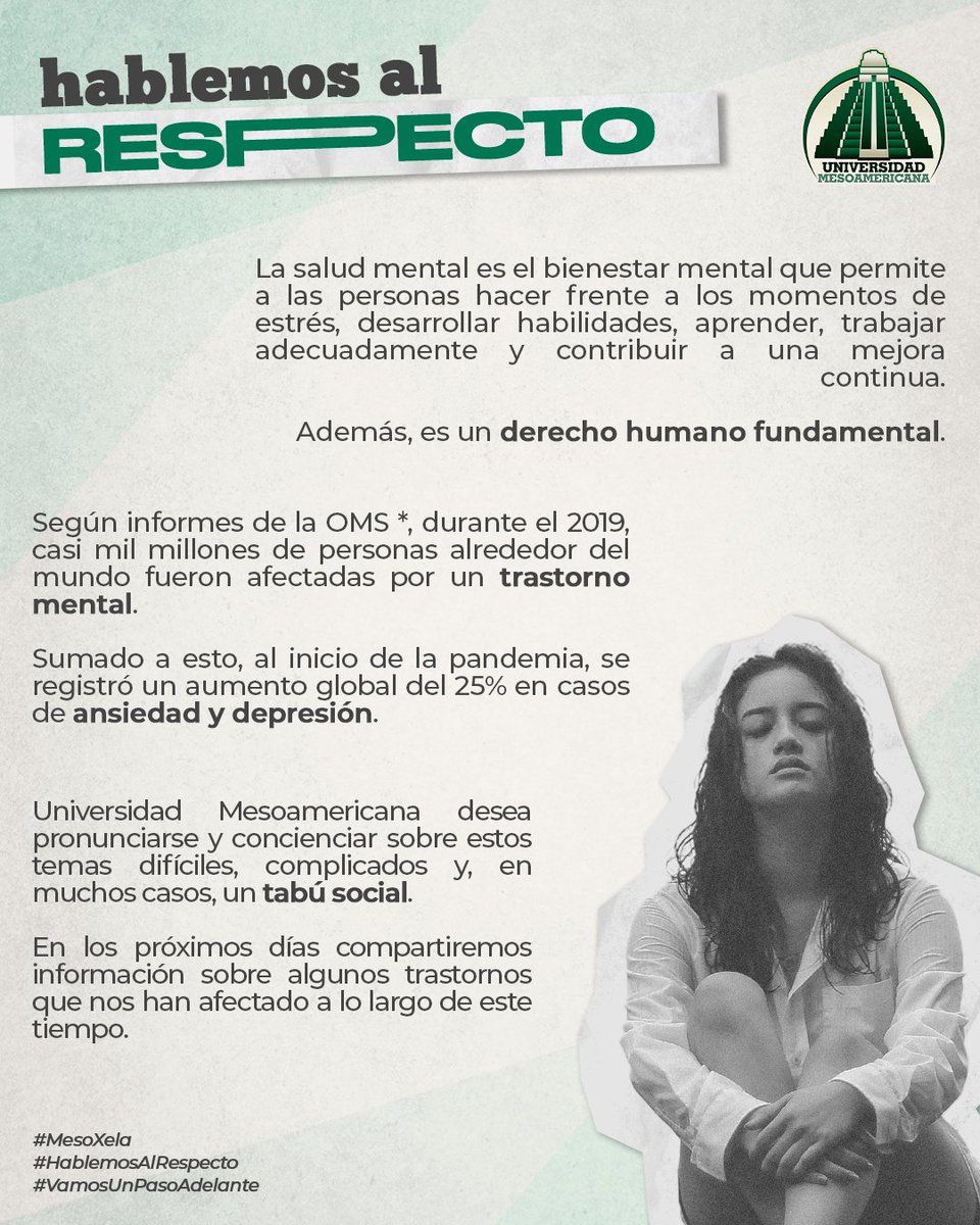 mesoxela's tweet photo. 🔴 HABLEMOS AL RESPECTO 🟢
Durante los últimos años se ha observado un aumento en la población en general en diferentes afecciones en la salud mental. ☹️

No estás solo. 💚

#MesoXela #HablemosAlRespecto #VamosUnPasoAdelante https://t.co/PQiJjbDMEf