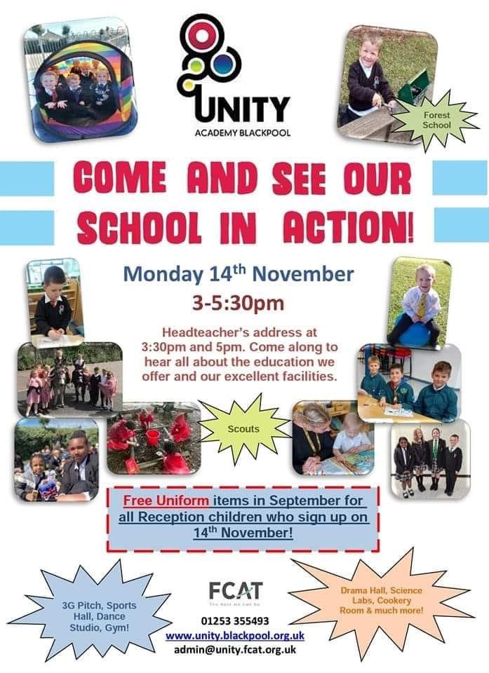 UnityBlackpool's tweet photo. Unity Primary Open Day - Monday 14th November. Come along to find out all about our school, the education we offer and our fantastic facilities. Don't forget to sign up for your FREE UNIFORM items for Reception starters 2023! Please share https://t.co/e2uZ0svf4Y