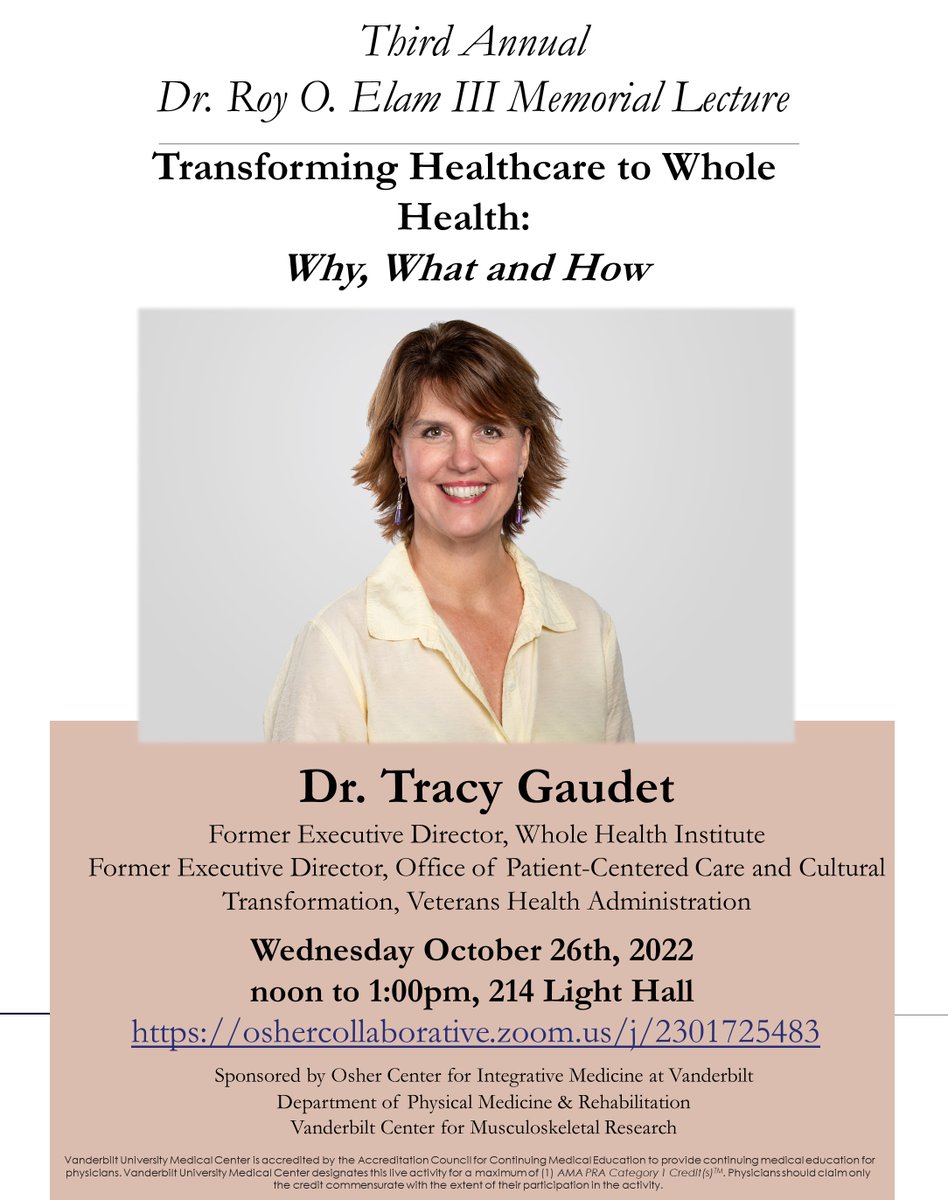 Vanderbilt Orthopaedics (@vumcortho) on Twitter photo Dr. Tracy Gaudet joins us this October 26th for a lecture on “Transforming Health Care to Whole Health: What, Why and How”. 
Dr. Gaudet is a nationally recognized author, speaker and leader in the transformation of health care systems.  
Join us in Light Hall 214 or via Zoom! Dr. Tracy Gaudet joins us this October 26th for a lecture on “Transforming Health Care to Whole Health: What, Why and How”. 
Dr. Gaudet is a nationally recognized author, speaker and leader in the transformation of health care systems.  
Join us in Light Hall 214 or via Zoom!