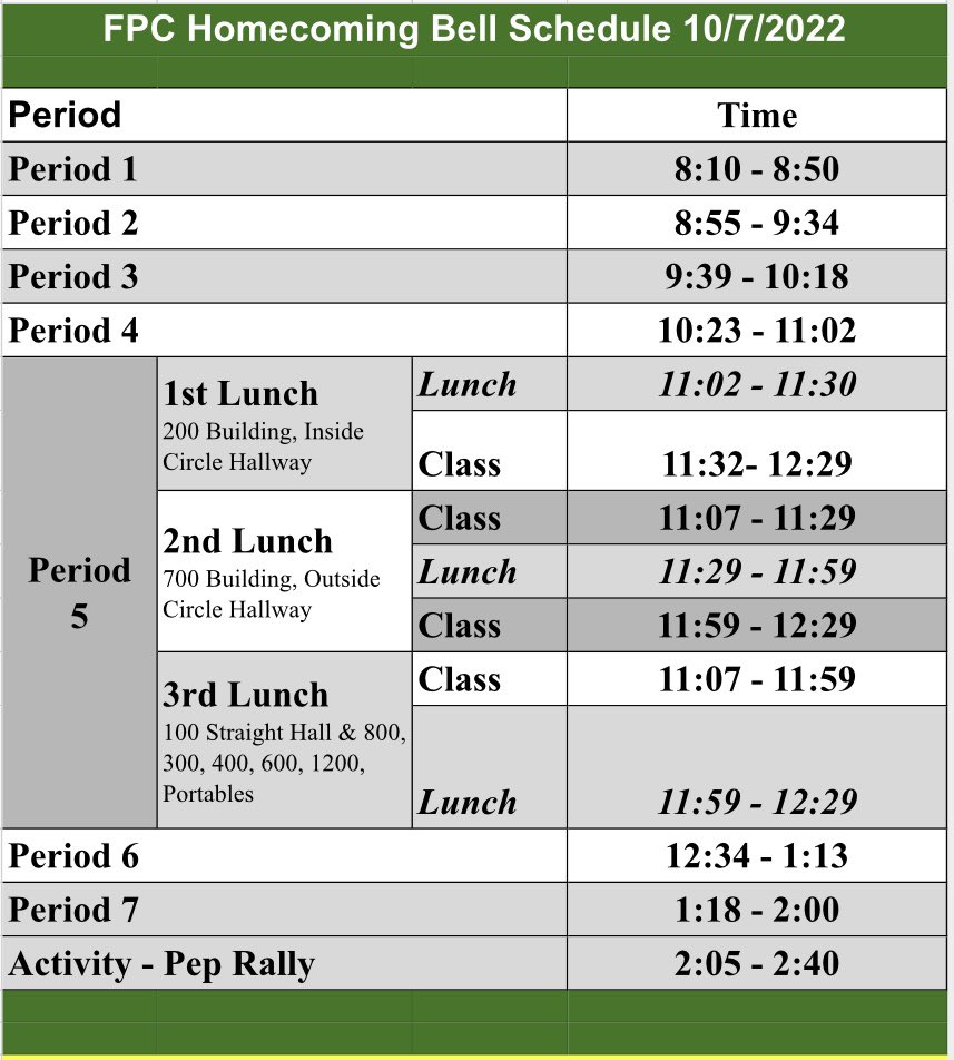 Activity Bell Schedule for tomorrow (10/7)
