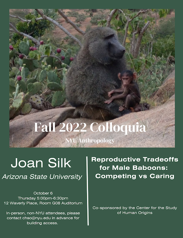 CSHO @ NYU (@csho_nyu) on Twitter photo Join us tonight at 5pm!  Joan Silk from ASU is giving a CSHO lecture: "Reproductive tradeoffs for male baboons: competing vs caring" Join us tonight at 5pm!  Joan Silk from ASU is giving a CSHO lecture: "Reproductive tradeoffs for male baboons: competing vs caring"