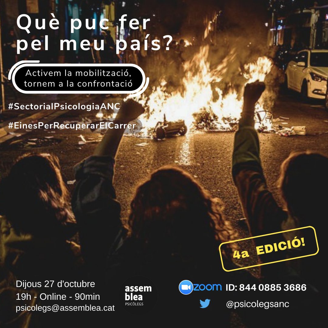 Reserveu-vos el proper dijous 27 d'octubre a les 19h! 🗓️

Comença la 4a edició de la conferència "Què puc fer pel meu país?" 🤯📚

Descobriu quines eines ens dóna la psicologia per tornar a omplir els carrers! 🔥🔥🔥

Online per Twitter Spaces o per Zoom:
us06web.zoom.us/j/84408853686