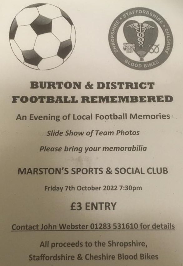 Burton Refereesโ Association (@burtonreferees) on Twitter photo Our President John Webster is hosting an evening of local football memories from bygone years from <a href="/burtonalbionfc/">Burton Albion FC</a> & <a href="/GresleyRovers/">Gresley Rovers</a> as well as <a href="/BurtonLeague/">Burton Sunday League</a> and other local teams.
Why not pop down and celebrate our local footballing history & raise funds for a fantastic cause Our President John Webster is hosting an evening of local football memories from bygone years from <a href="/burtonalbionfc/">Burton Albion FC</a> & <a href="/GresleyRovers/">Gresley Rovers</a> as well as <a href="/BurtonLeague/">Burton Sunday League</a> and other local teams.
Why not pop down and celebrate our local footballing history & raise funds for a fantastic cause