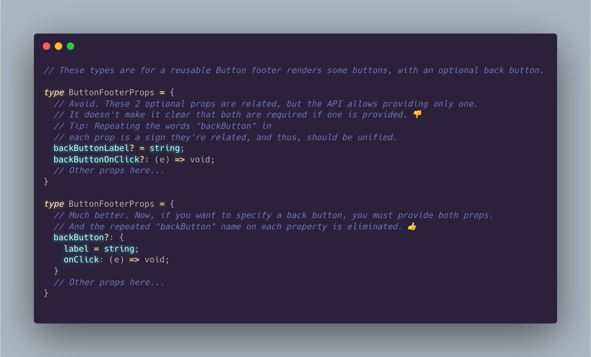 housecor's tweet photo. React tip: Group related props.

Example: If two props are optional, but both must be set if used, group them via an object. This way, the related props are grouped.

Benefits:
✅ Clearer API
✅ Shorter prop names
✅ Programmatically disallows illogical prop combinations

#react https://t.co/yllw48s9JX