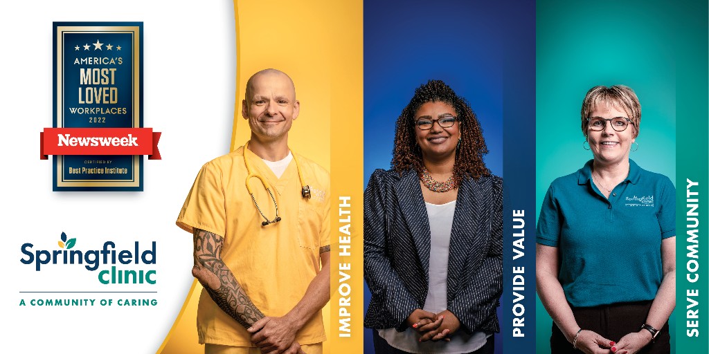 SpfldClinic's tweet photo. Springfield Clinic has been named to @Newsweek's list of the Top 100 Most Loved Workplaces!
 
The results showed that Springfield Clinic leaders foster collaboration and prioritize learning and development while improving the patient care experience. https://t.co/kCpTLHjmh5 https://t.co/i7CPbCt1WF