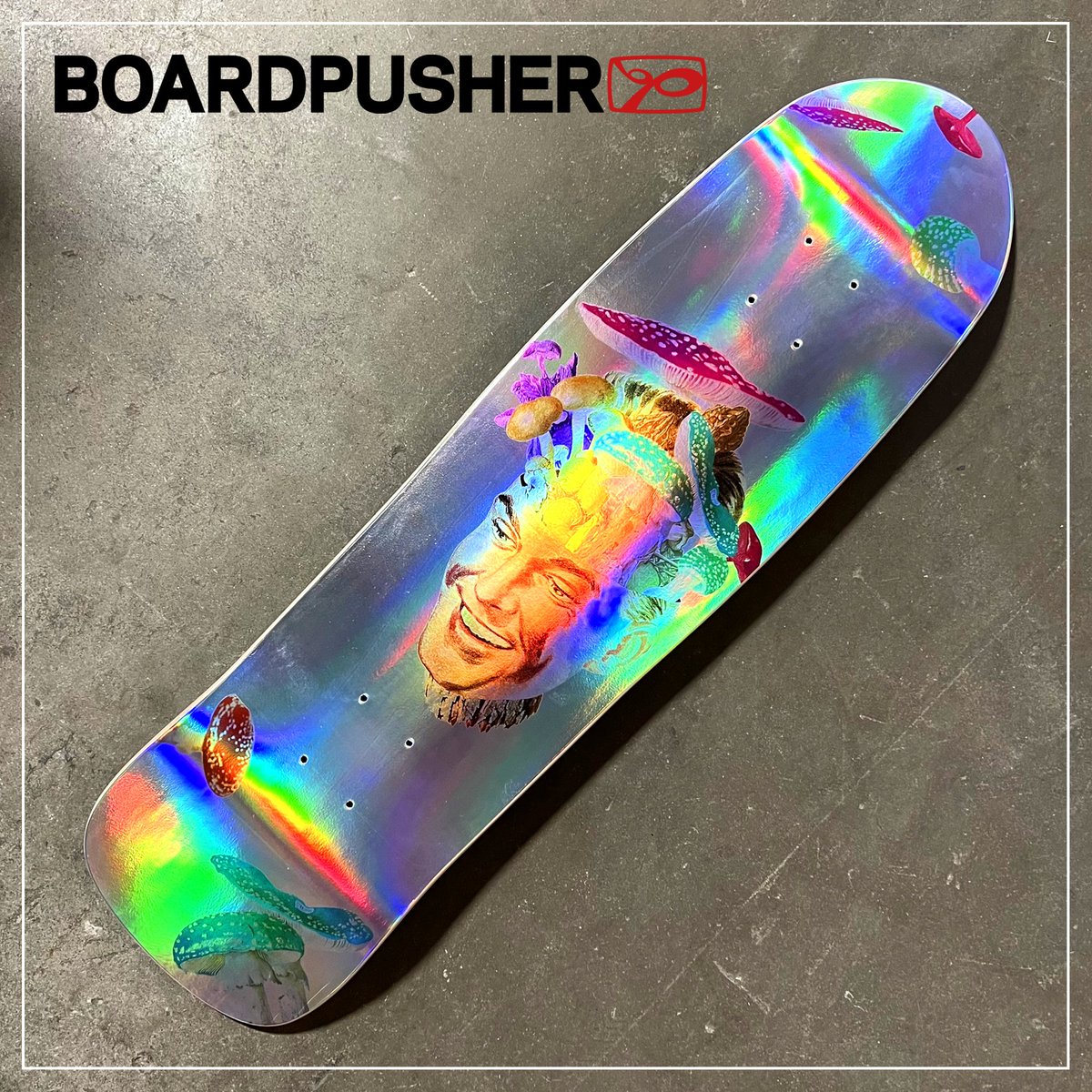 BoardPusher's tweet photo. HOLOGRAPHIC FUN-GUY RETRO ROCKET #FeaturedDeck by https://t.co/vsajy9TSBg. Collage art skateboard graphic pressed on an old school inspired deck w/ our new Holographic base. Find Matty Clark's #skateboardgraphics at https://t.co/LUxrmITBJc https://t.co/AM0sR7HSNS