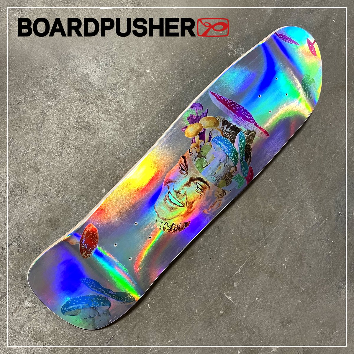 BoardPusher's tweet photo. HOLOGRAPHIC FUN-GUY RETRO ROCKET #FeaturedDeck by https://t.co/vsajy9TSBg. Collage art skateboard graphic pressed on an old school inspired deck w/ our new Holographic base. Find Matty Clark's #skateboardgraphics at https://t.co/LUxrmITBJc https://t.co/AM0sR7HSNS