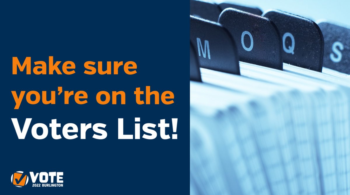 cityburlington's tweet image. Are you on the Voters List for the municipal election this October? Voters who need to update their information can do so at any @BurlOnLibrary branch or select City pools before Oct. 22. To see if you are on the Voters List, visit bit.ly/3LKnRAk. #BurlON #MyCityMyVote