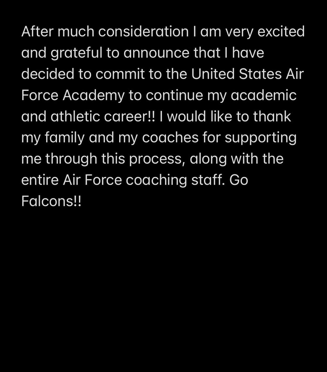 COMMITTED!!

<a href="/AF_Football/">Air Force Football</a> <a href="/MarcBacote/">Marc Bacote</a> <a href="/Coach_Thiessen/">Mike Thiessen</a> <a href="/CoachTCalhoun/">Troy Calhoun</a> <a href="/CoachLobotzke/">Steed Lobotzke</a> <a href="/IronWillSC/">Iron Will</a> <a href="/ColschenDavid/">Coach Colschen</a> <a href="/extrastout72/">Jim Rapp</a> <a href="/BarrickmanMatt/">Matt Barrickman</a> <a href="/AF_FBRecruiting/">Air Force Football Recruiting</a> @DelfonteDiamond