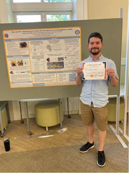 ExpandUva's tweet photo. Congratulations to our EXPAND Open House 2022 Poster Winner, Josh Danoff! He won a $250 gift card for his poster "Sex-specific consequences of early life parental care in a monogamous rodent" on September 13th. @UVA @UVAPsyc #uva #lifesciences #posteraward #NSF https://t.co/NuawchYFSZ