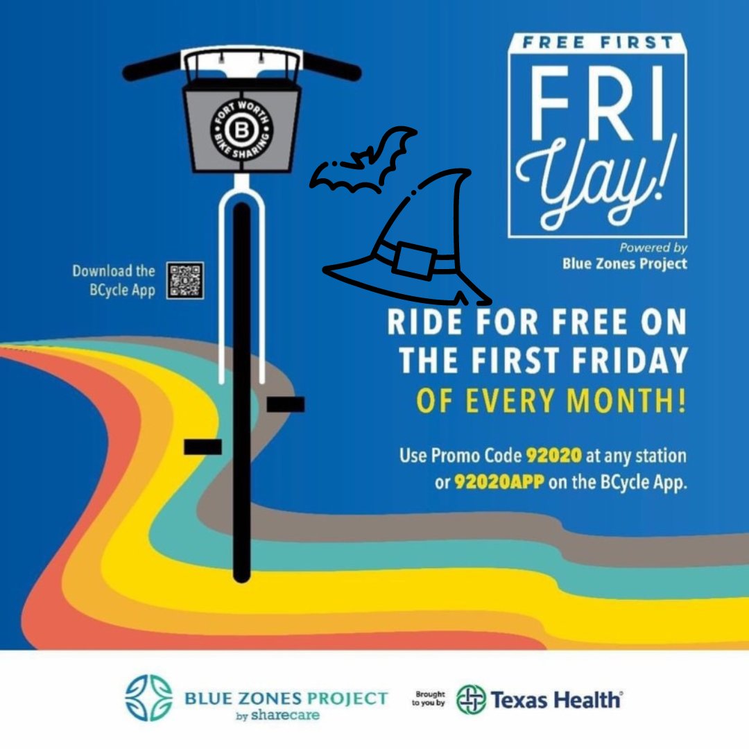 TrinityMetro's tweet photo. Hop on a FREE ride for spooky season this Friday! Grab a friend, some water, and celebrate the Fall-ing temps.. As always, you can find a map of available bikes here: https://t.co/jhsVcsOCik
#FWBS #FRIYAY #TrinityMetro https://t.co/9GN9FfoGy7