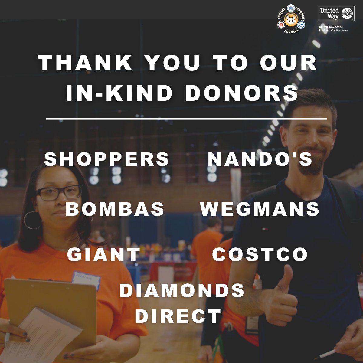 UWNCA's tweet photo. Project Community Connect is THIS week! A huge thank you to our sponsors and donors who helped to make this week possible.  
#ProjectCommunityConnect #PCC22 #donors #donations #resourcefair 
@amazon @AAMCtoday @shoppers @NandosSA @BOMBAS @Wegmans @GiantFood @Costco @LovePassionDD https://t.co/enP7cWQc2i