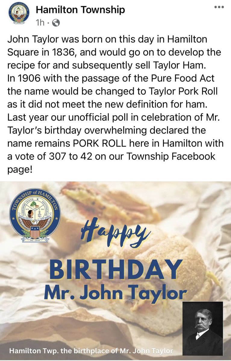 ScottRRocco's tweet photo. Great piece of trivia on the person and the history of ⁦New Jersey pork roll by ⁦@HamiltonTwpNJ⁩

To be clear… it IS pork roll! 😆
⁦@NJGov⁩ https://t.co/HJyOawrodq