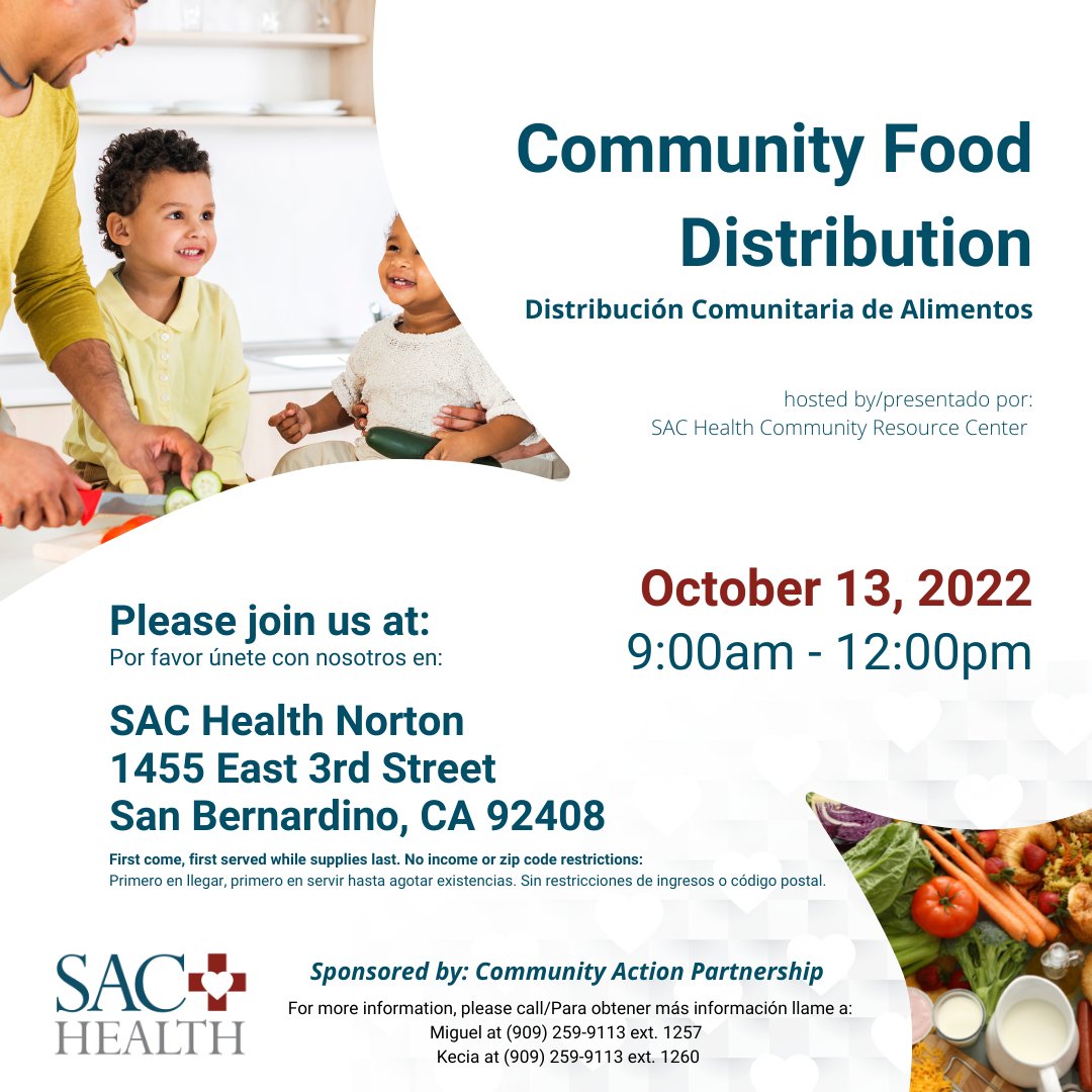 sachealthdotorg's tweet photo. If you are in San Bernardino, we have our next Food Distribution event on October 13 at our SAC Health Norton clinic. No income or zip code restrictions.
#caringisourcalling #fooddistribution #community #sachealth #sanbernardinocounty https://t.co/bSnyXh49tP