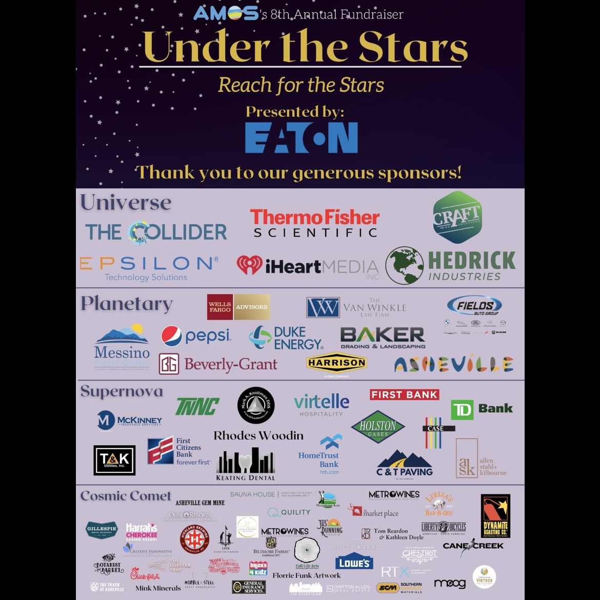 AMOS wants to send a thank you once again to all our Under The Stars Sponsors for all your support for this year’s event on September 15th. 

We raised over $90,000 for WNC STEAM and science education and we couldn’t have done it without you!
#AshevilleScience #UnderTheStars
