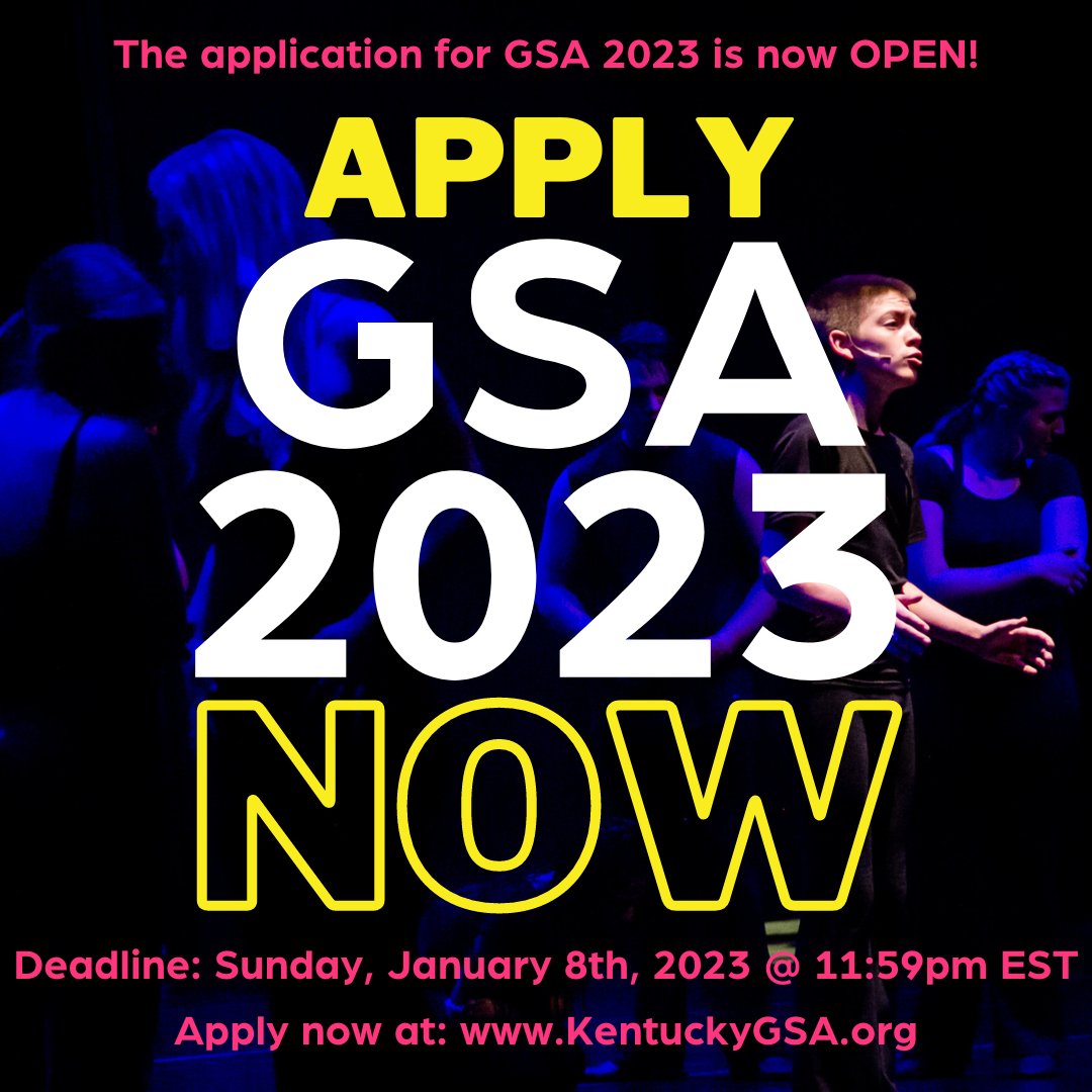 KYGSA's tweet photo. GREAT NEWS!

The application for GSA 2023 is NOW OPEN and available at: https://t.co/yOwY6iFtLV

Deadline: Sunday, January 8th, 2023 @ 11:59 p.m. EST

#HeyGSA #KentuckyGSA #GSA2023 #TeamKY https://t.co/a2lC3IEFhU