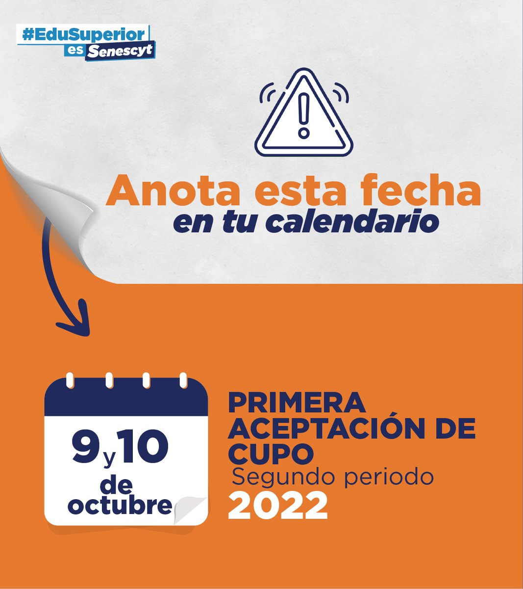 EduSuperiorEc's tweet photo. ¡Empieza la aceptación de cupos a la educación superior! 🎓🙌
 
Si postulaste por una carrera en este periodo académico, ingresa el 9 y 10 de octubre a 👉 https://t.co/BJBACZybO0, revisa si obtuviste un cupo y, de ser el caso, ACÉPTALO. 
 
#Admisión2022 https://t.co/AtxJNDoES5
