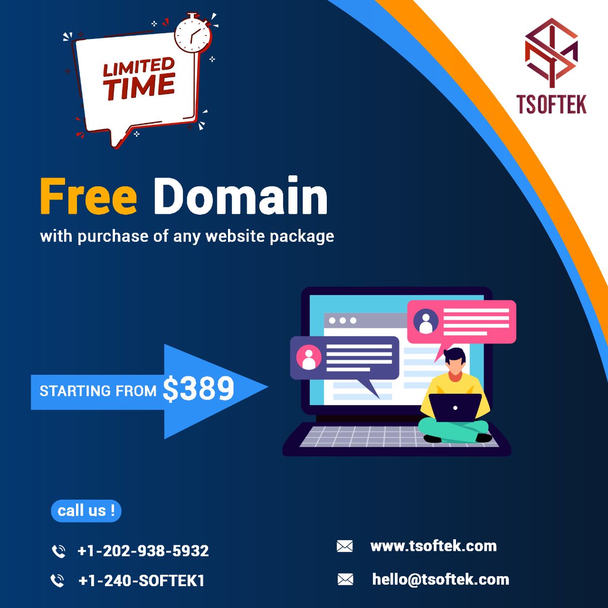 TSoftek's tweet photo. 𝗟𝗶𝗺𝗶𝘁𝗲𝗱 𝗧𝗶𝗺𝗲 𝗢𝗳𝗳𝗲𝗿
#Register #Free_Domain
With #Purchase Of Any #Website #Package
𝗦𝘁𝗮𝗿𝘁𝗶𝗻𝗴 𝗳𝗿𝗼𝗺 $ 𝟯𝟴𝟵
Contact Us: +1-202-938-5932 , +1-240-SOFTEK1
Email: hello@tsoftek.com
Visit: https://t.co/XDudCe7FEu
#freedomain #domainnames #domainsale #discount https://t.co/iRfStluRtL