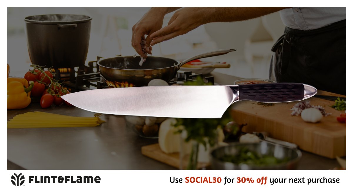 A great chef knife should fit your hand like a glove! Flint &amp; Flame is more than quality knives, we’ve designed knives with balance and contour for every job. 
 
Shop with SOCIAL30 to build your collection: flintandflame.com/product/pro-se…