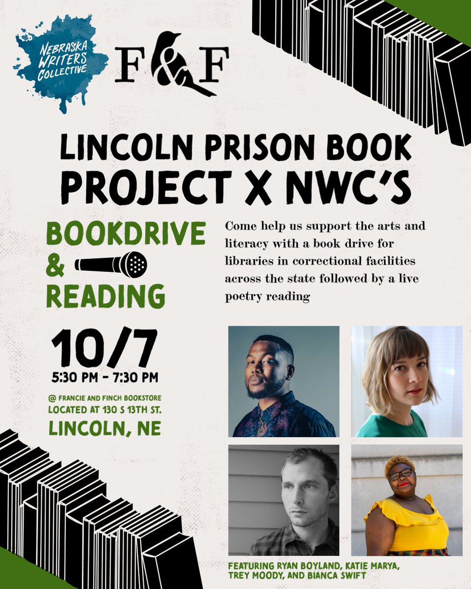 UNL Department of English (@unlenglish) on Twitter photo ...& Friday, October 7, 5:30-7:30pm <a href="/francieandfinch/">Francie & Finch Bookshop</a>: <a href="/NebraskaWriters/">NWC</a> + Lincoln Prison Book Project reading (featuring <a href="/RyanBoyland/">Ryan Boyland</a>, UNL alum <a href="/treyismoody/">Trey Moody</a>, & <a href="/unlenglish/">UNL Department of English</a> students @katiemarya13 & Bianca Swift) & book drive for libraries in Nebraska correctional facilities. (3/3) ...& Friday, October 7, 5:30-7:30pm <a href="/francieandfinch/">Francie & Finch Bookshop</a>: <a href="/NebraskaWriters/">NWC</a> + Lincoln Prison Book Project reading (featuring <a href="/RyanBoyland/">Ryan Boyland</a>, UNL alum <a href="/treyismoody/">Trey Moody</a>, & <a href="/unlenglish/">UNL Department of English</a> students @katiemarya13 & Bianca Swift) & book drive for libraries in Nebraska correctional facilities. (3/3)