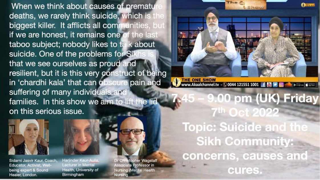 Tomorrow night at 7:45 @HarjKA7 and I will be on Akaal TV discussing suicide in the Sikh community. Please join us for what should be a fascinating discussion.