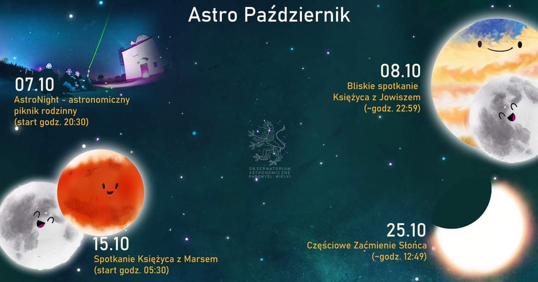 AstroWielki's tweet photo. An open observation at our Observatory, conjunctions of the Moon with Jupiter and Mars, a partial Solar Eclipse to characterize this month's night sky.

#AstroNight
#Moon
#Jupiter 
#Mars
#Eclipse
#SolarEclipse https://t.co/vZvJamsKxY